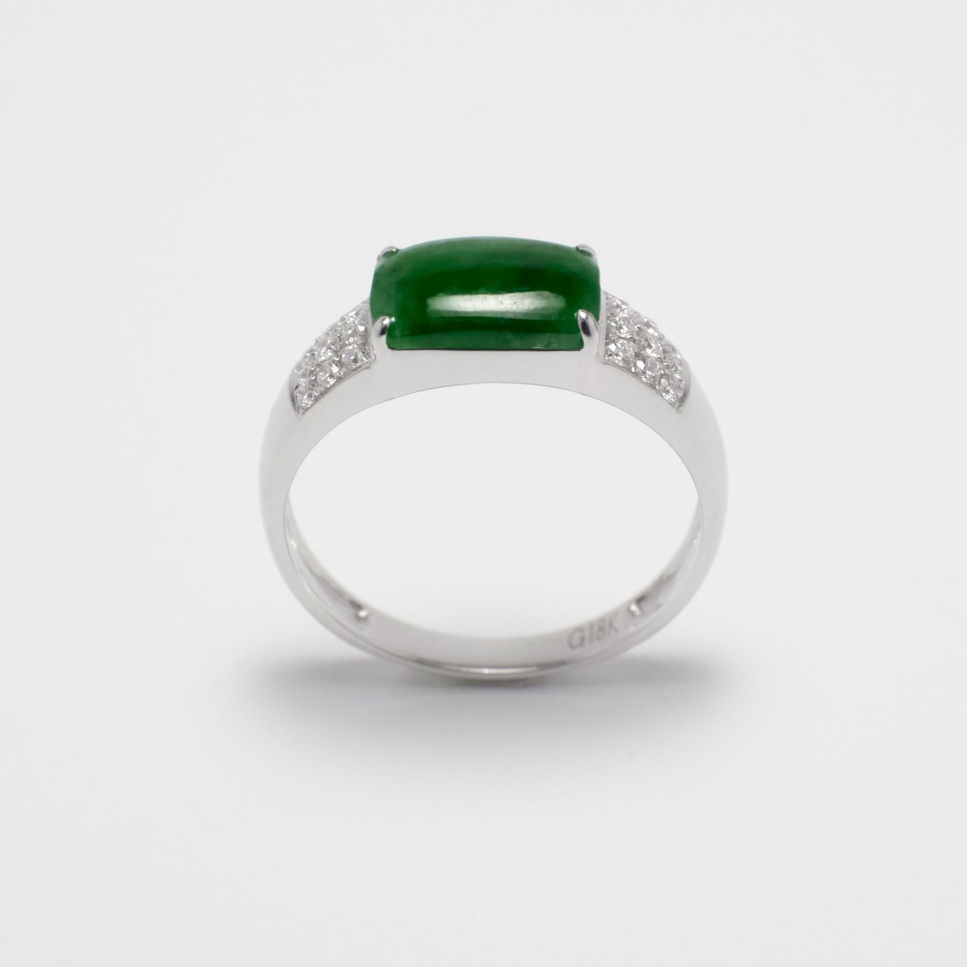 Ring - 18K白金緬甸老坑青長方曲面天然翡翠配鑽石戒指 - 雅玉珠寶