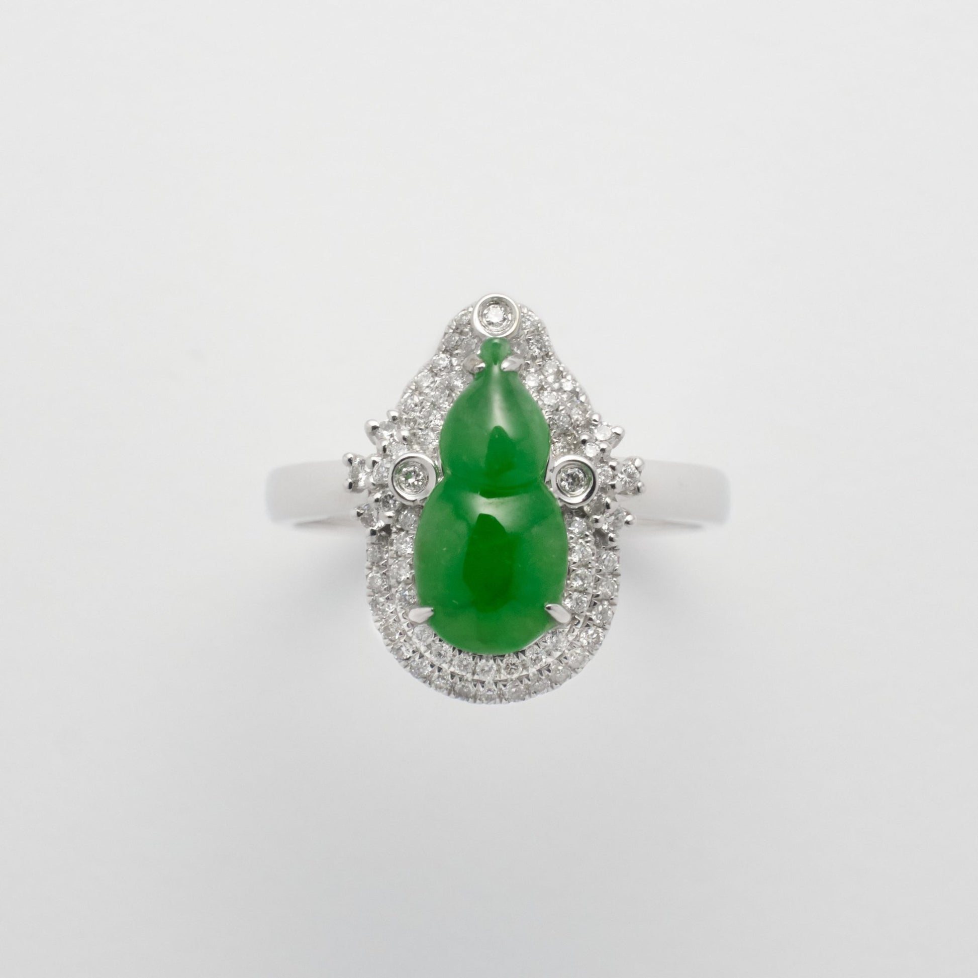 Ring - 18K白金緬甸老坑鮮綠葫蘆形天然翡翠配鑽石吊墜兩用戒指 - 雅玉珠寶