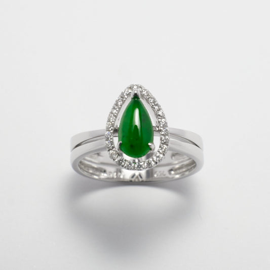 Ring - 18K白金緬甸帝皇綠水滴形天然翡翠配鑽石雙用戒指 - 雅玉珠寶