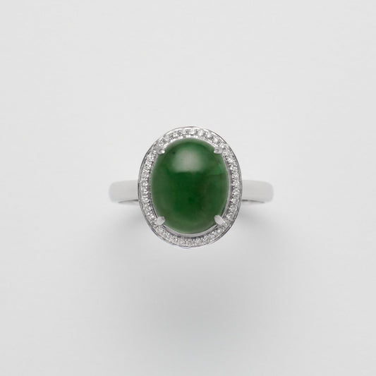 Ring - 18K白金緬甸老坑花青鵝蛋形天然翡翠配鑽石戒指 - 雅玉珠寶