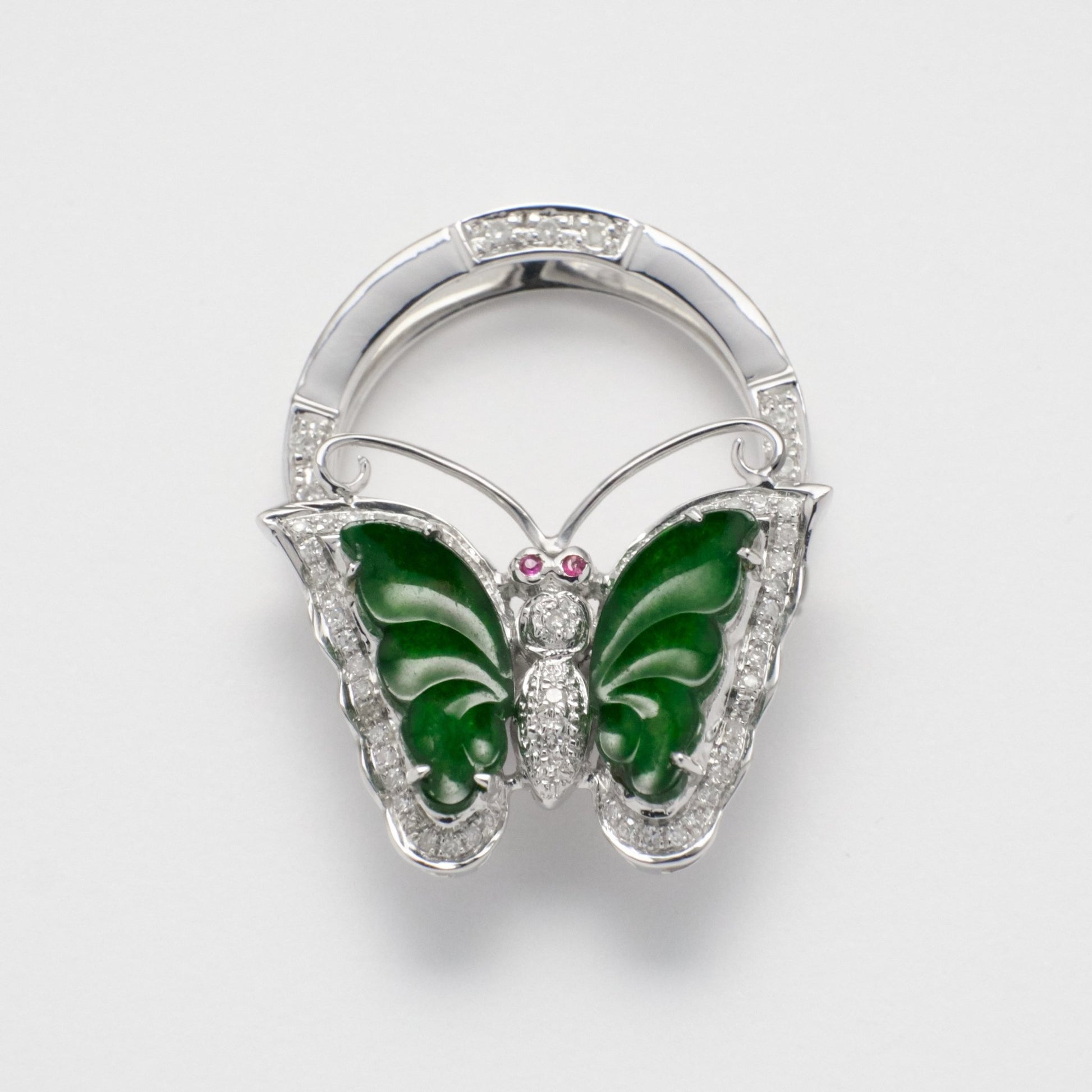 Ring - 18K白金緬甸老坑綠色蝴蝶形雕刻天然翡翠配鑽石紅寶石兩用吊墜戒指 - 雅玉珠寶