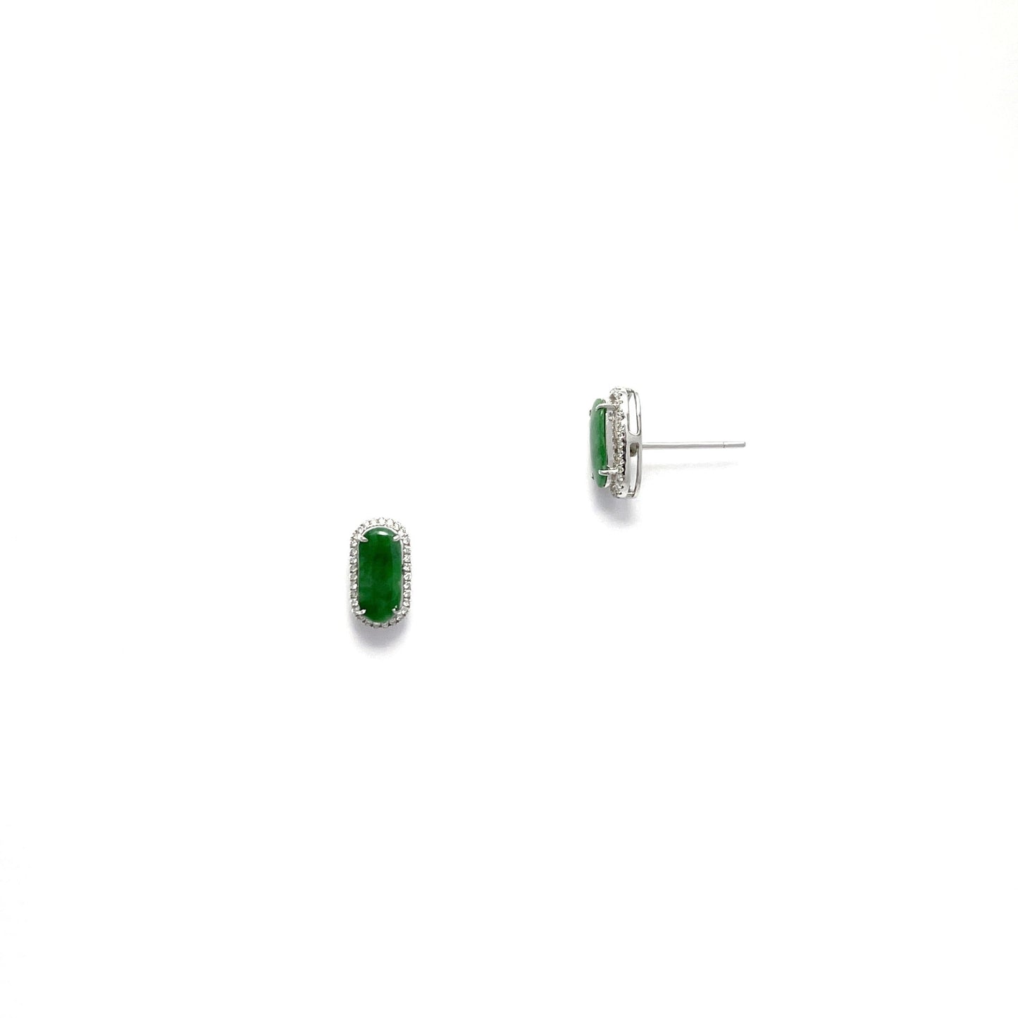 耳環 - 陽綠色馬鞍面天然翡翠配鑽石18K白色金耳環 - 雅玉珠寶