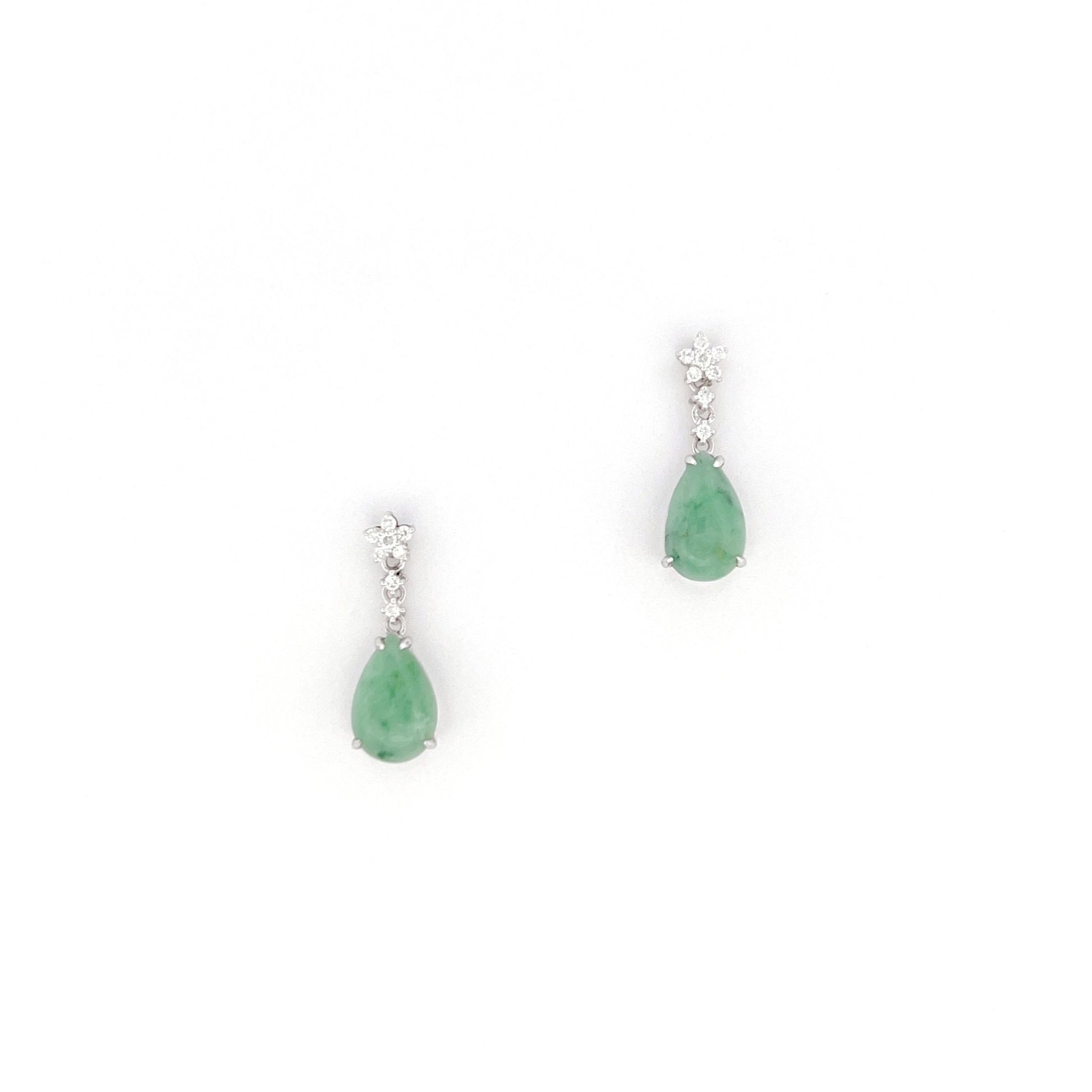 耳環 - 豆青綠色水滴形天然翡翠配鑽石拼花18K白色金耳環 - 雅玉珠寶