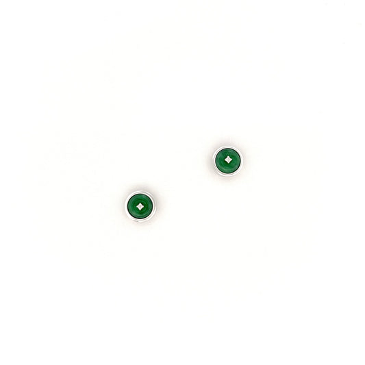 耳環 - 綠色懷古形天然翡翠配鑽石18K白色金耳環 - 雅玉珠寶
