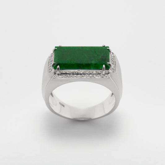 Ring - 18K白金緬甸老坑花青方面天然翡翠配鑽石戒指 - 雅玉珠寶