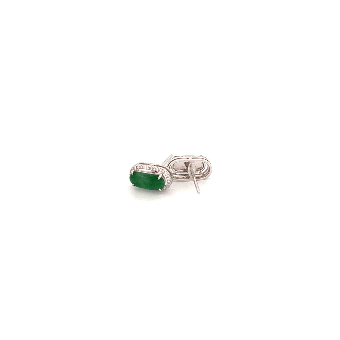 耳環 - 陽綠色馬鞍面天然翡翠配鑽石18K白色金耳環 - 雅玉珠寶