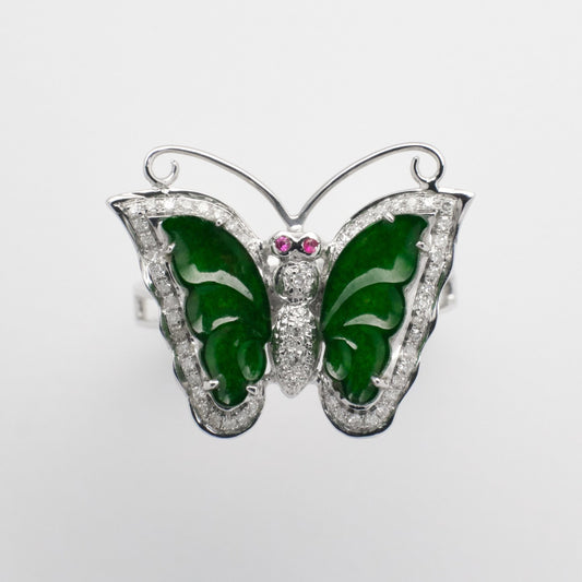 Ring - 18K白金緬甸老坑綠色蝴蝶形雕刻天然翡翠配鑽石紅寶石兩用吊墜戒指 - 雅玉珠寶