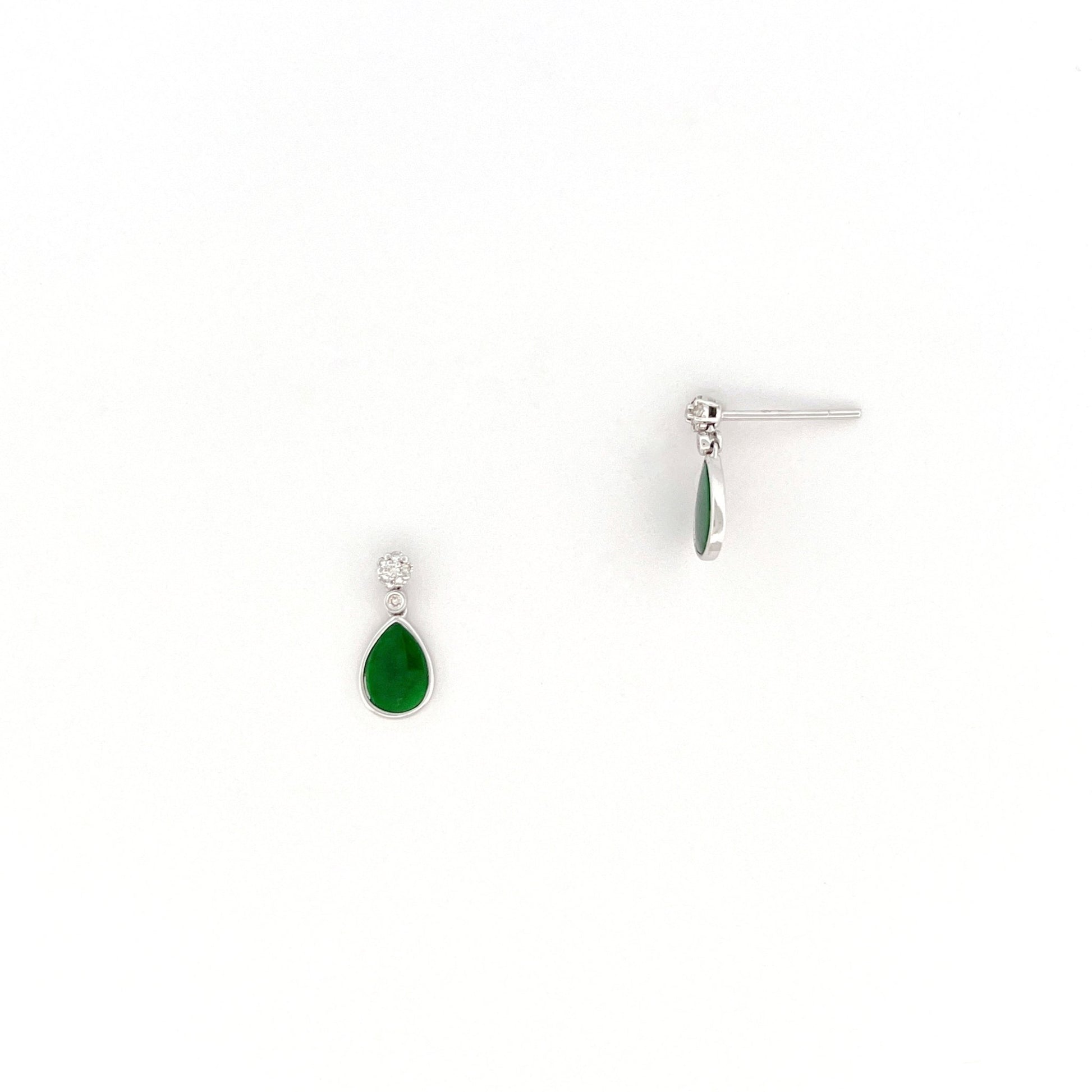 耳環 - 花青深綠色水滴形天然翡翠配鑽石拼花18K白色金耳環 - 雅玉珠寶