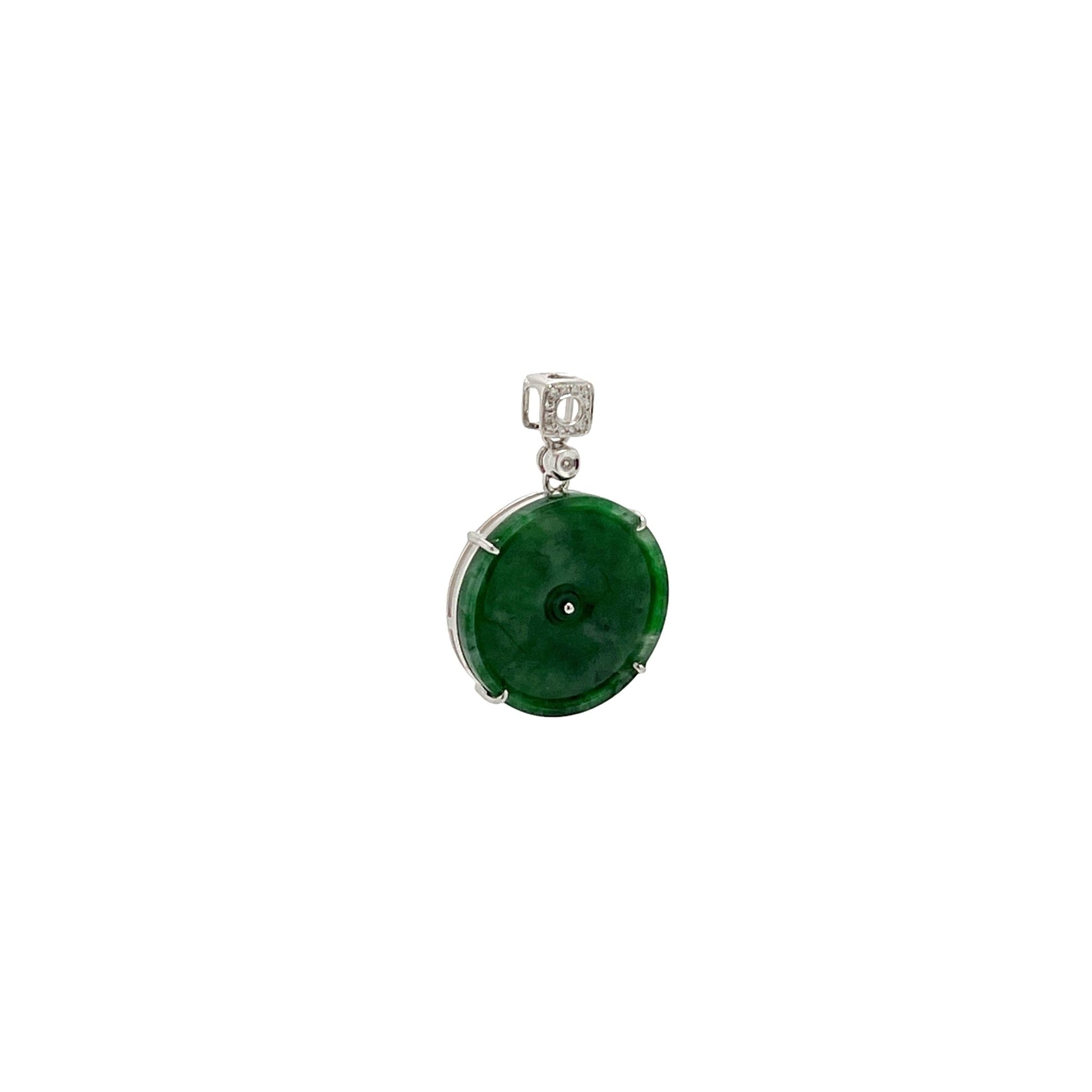 吊墜 - 老坑花青鮮綠色圓形懷古天然翡翠配鑽石18K白金吊墜 - 雅玉珠寶