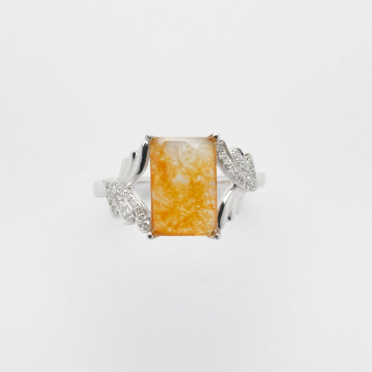 Ring - 18K白金緬甸黃翡方面天然翡翠配交錯鑽石葉形戒指 - 雅玉珠寶