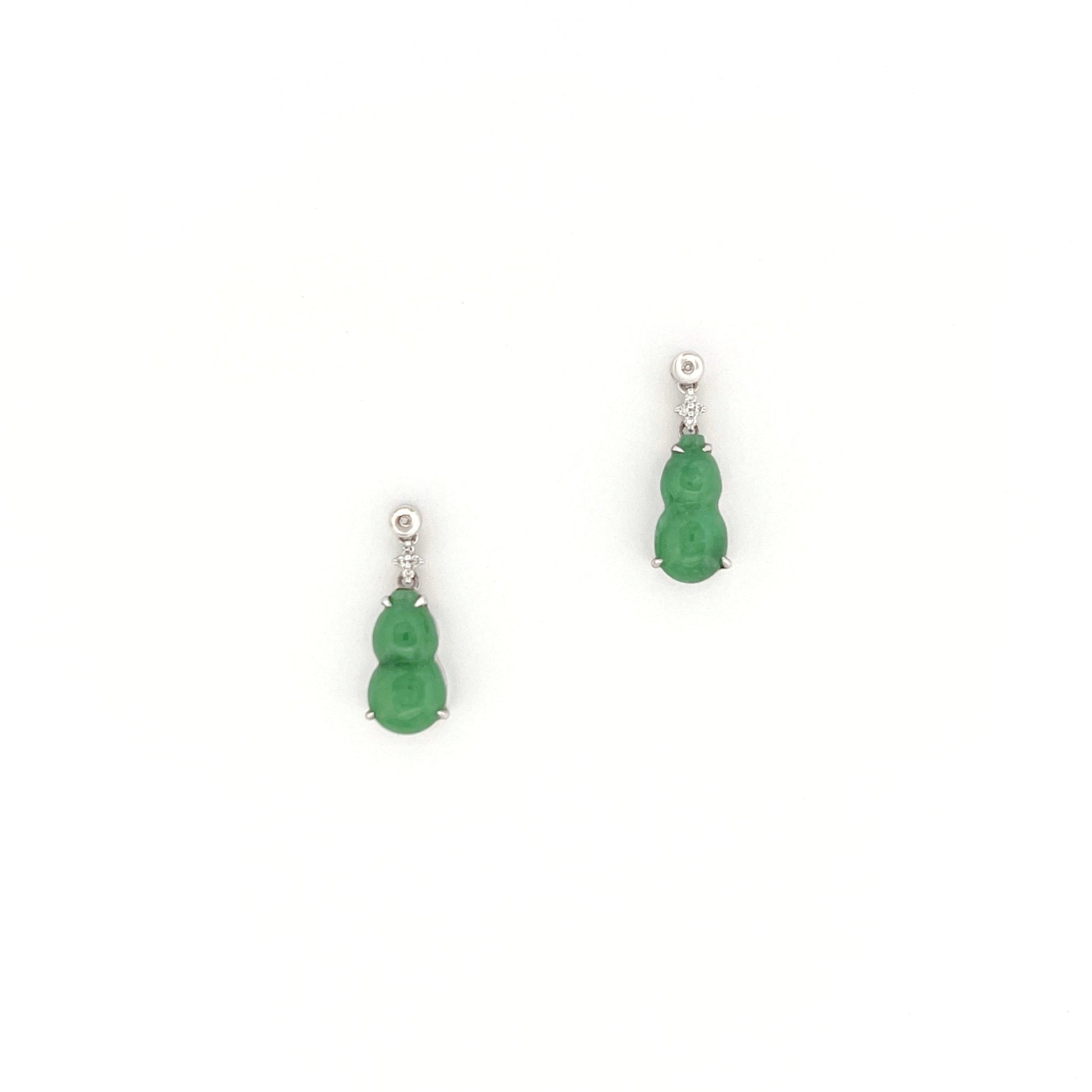 耳環 - 綠色葫蘆雕刻天然翡翠配鑽石拼花18K白色金耳環 - 雅玉珠寶