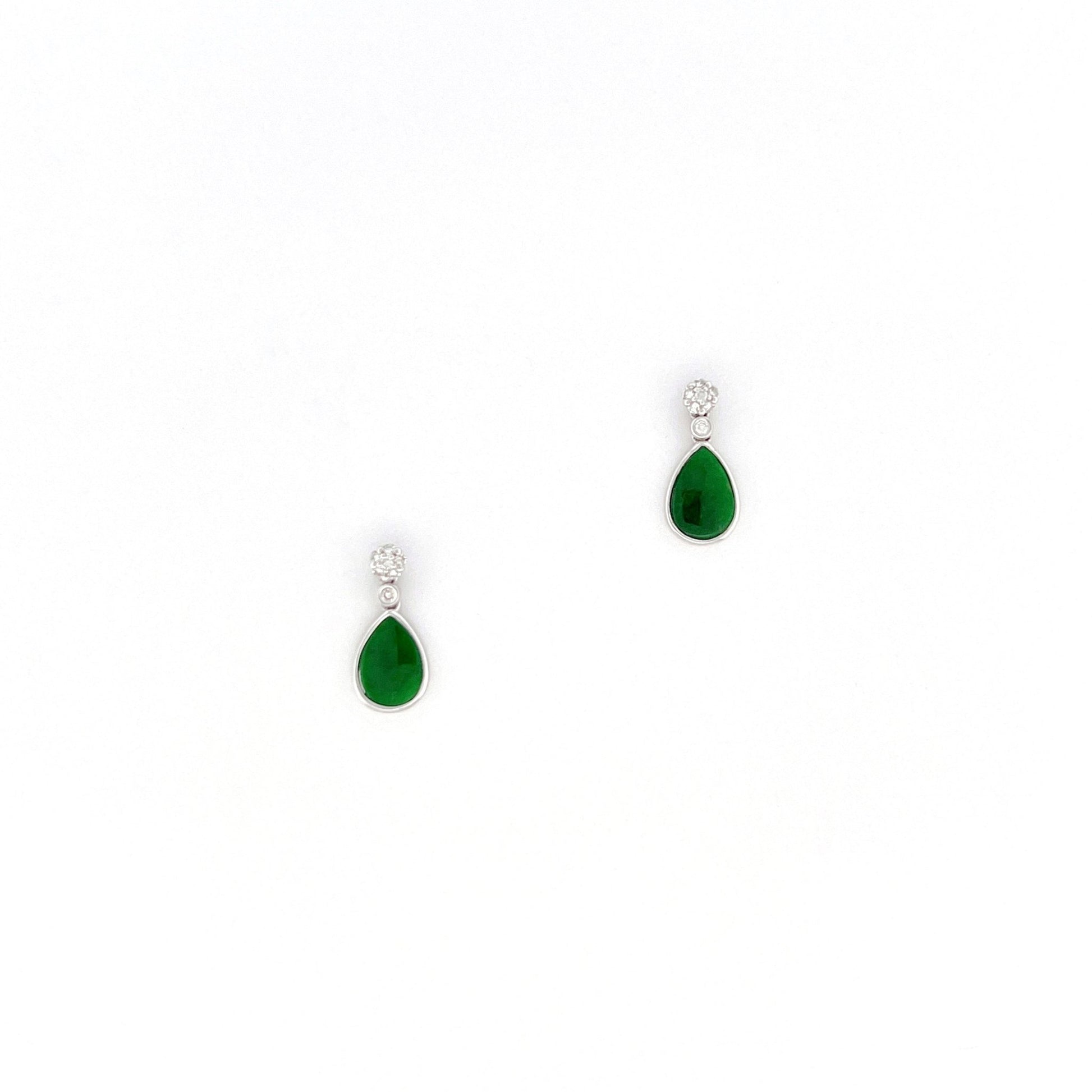 耳環 - 花青深綠色水滴形天然翡翠配鑽石拼花18K白色金耳環 - 雅玉珠寶